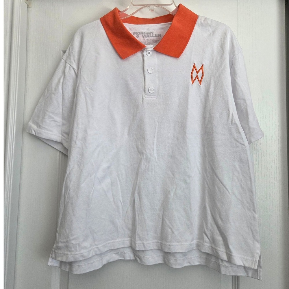 Morgan Wallen White Polo‎ with Orange Collar and Embroidery Men Sz L Golf Active